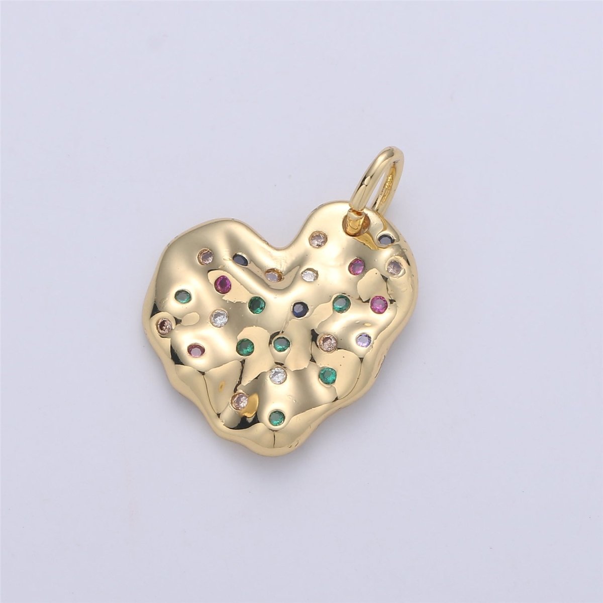 14K Gold Filled CZ Multicolor Hammered Heart Charm in Gold & Silver | C916