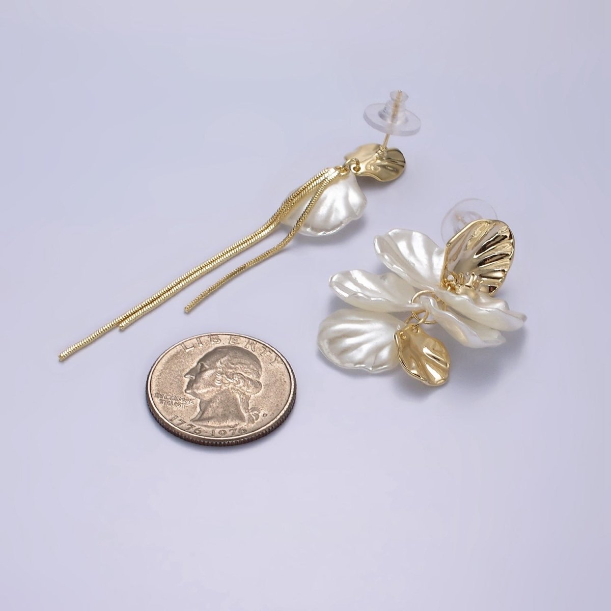 14K Gold Filled CZ Multiple Hammered Oval Shell Pearl Triple Chain Drop Stud Earrings Set in Gold & Silver | AE323 AE324