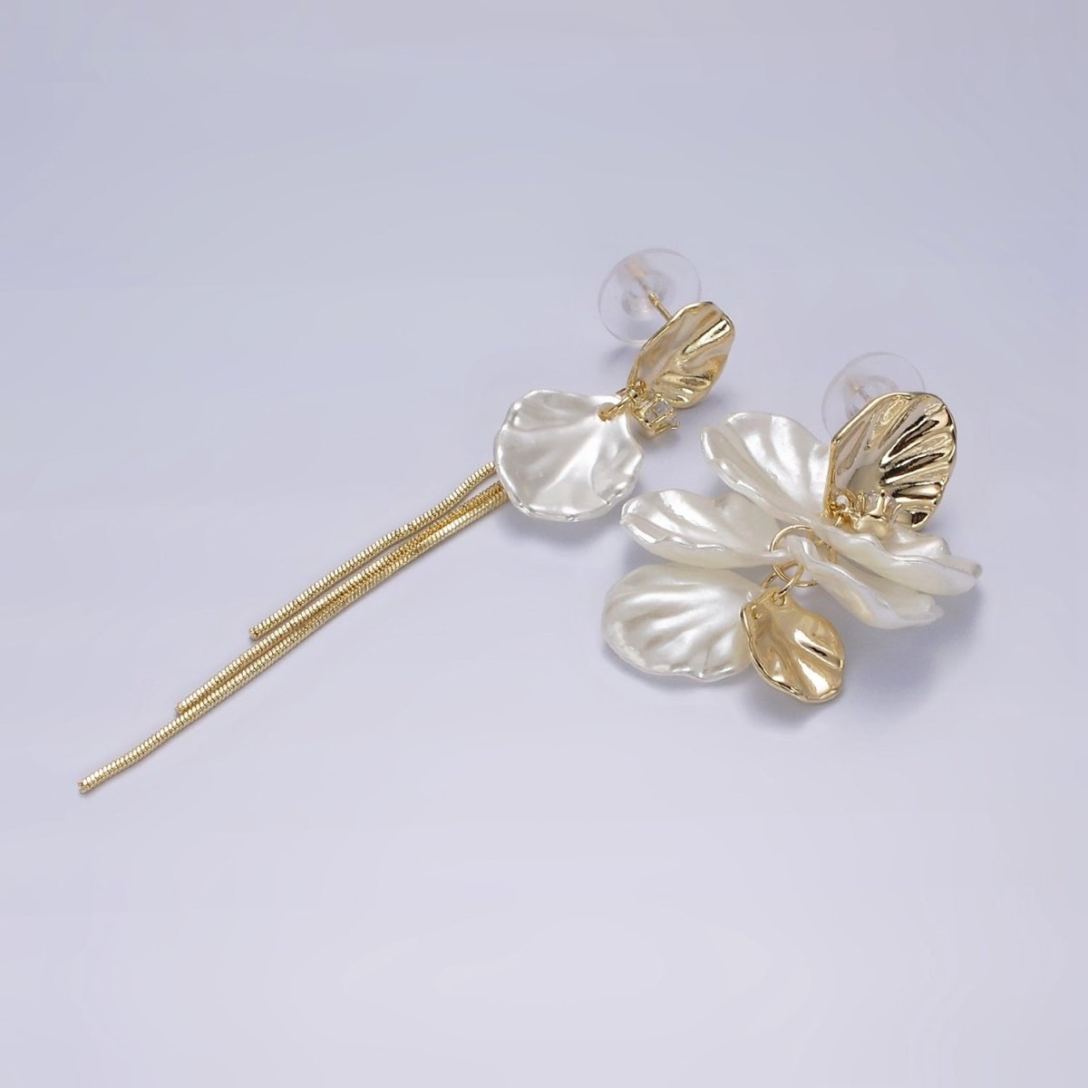 14K Gold Filled CZ Multiple Hammered Oval Shell Pearl Triple Chain Drop Stud Earrings Set in Gold & Silver | AE323 AE324