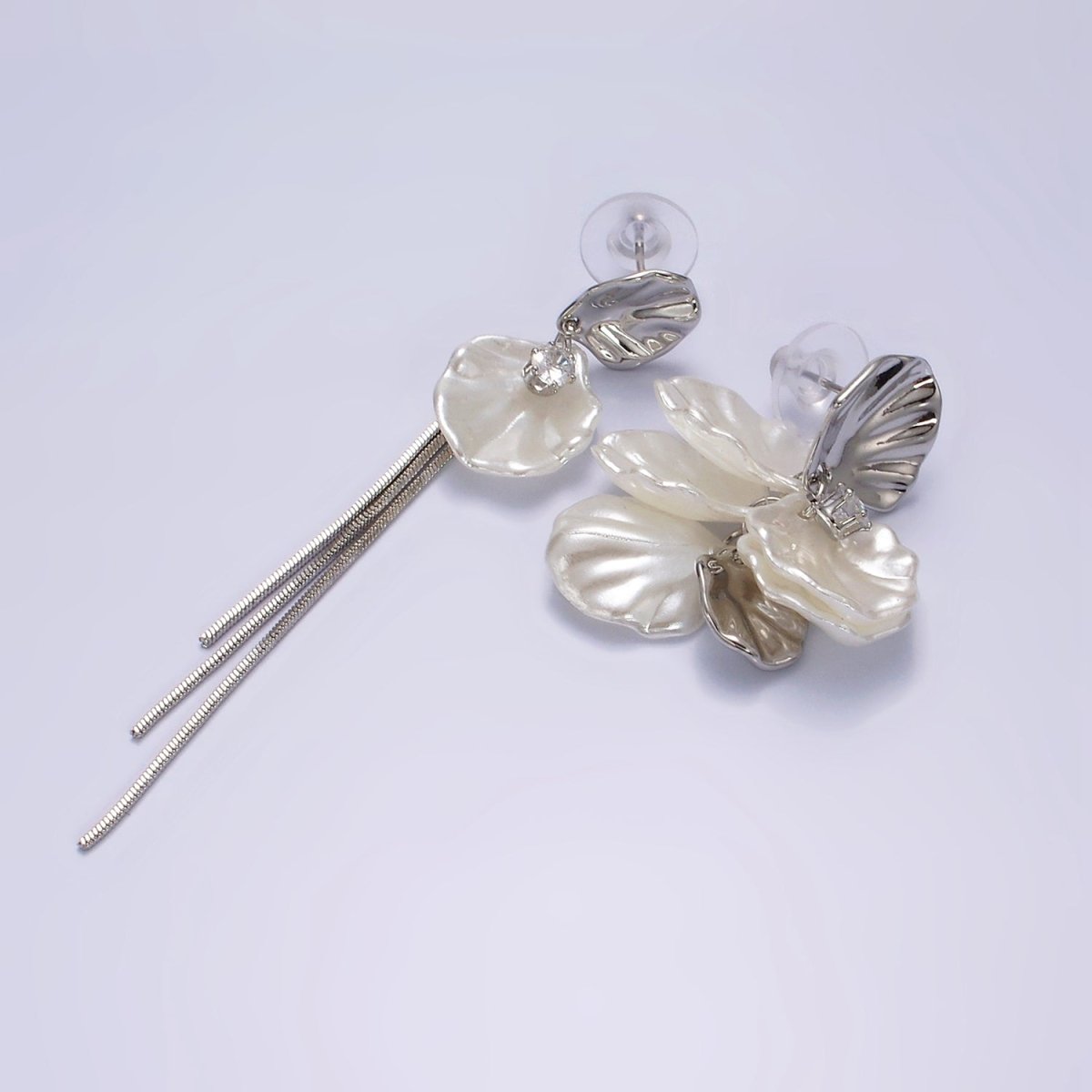 14K Gold Filled CZ Multiple Hammered Oval Shell Pearl Triple Chain Drop Stud Earrings Set in Gold & Silver | AE323 AE324