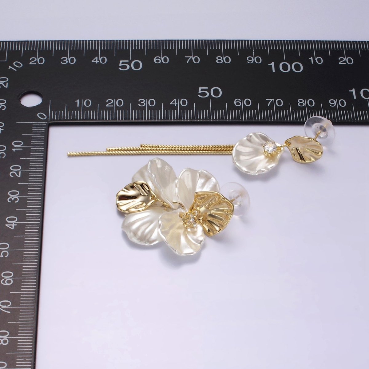 14K Gold Filled CZ Multiple Hammered Oval Shell Pearl Triple Chain Drop Stud Earrings Set in Gold & Silver | AE323 AE324