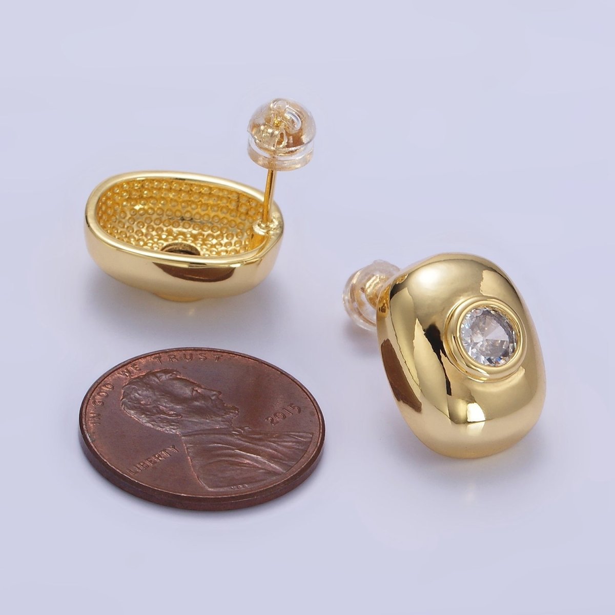 14K Gold Filled CZ Rounded Oblong Dome Stud Earrings in Gold & Silver | Q133 Q134