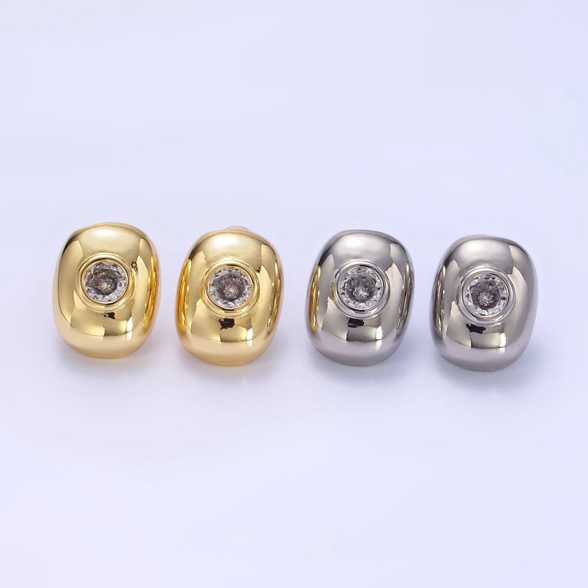 14K Gold Filled CZ Rounded Oblong Dome Stud Earrings in Gold & Silver | Q133 Q134