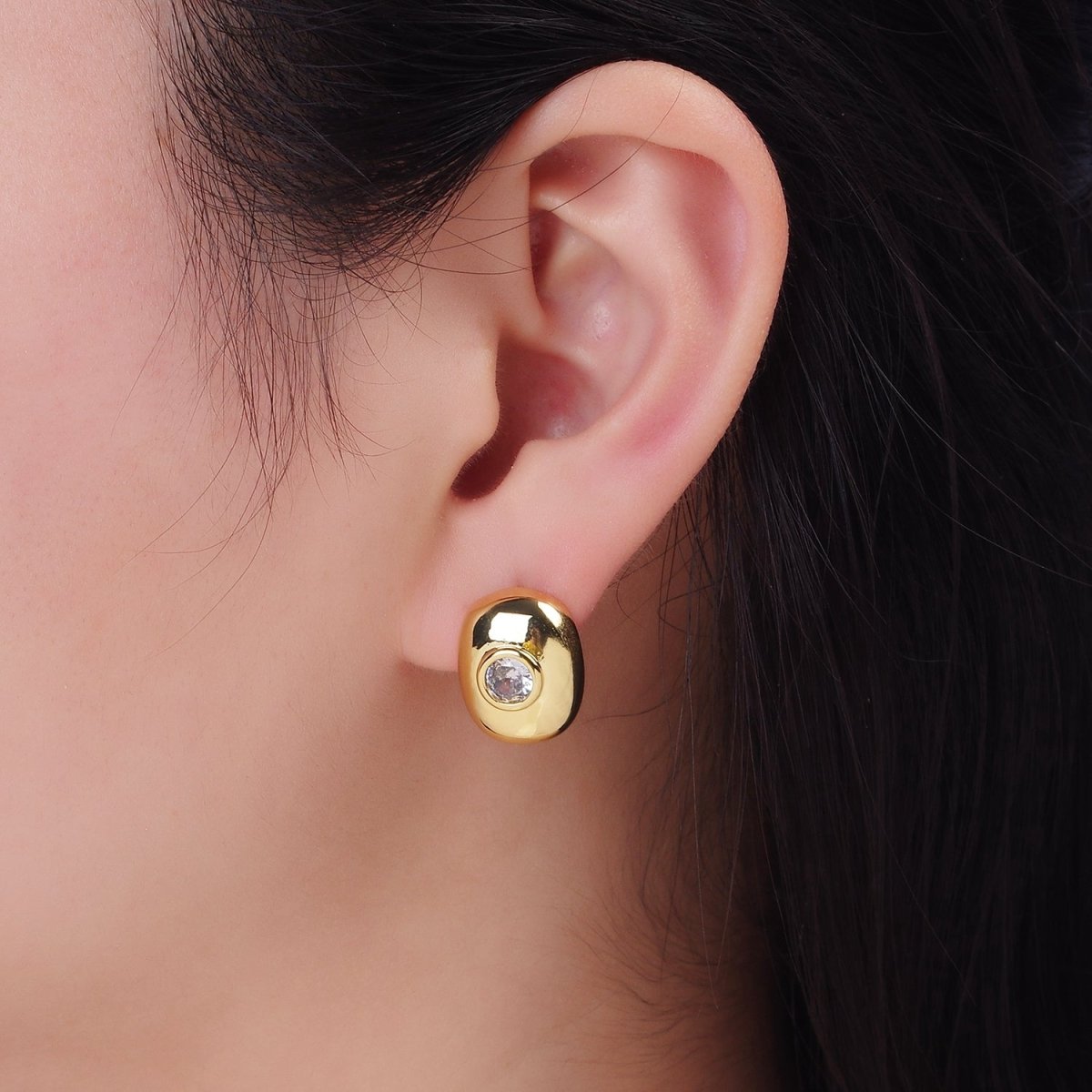 14K Gold Filled CZ Rounded Oblong Dome Stud Earrings in Gold & Silver | Q133 Q134