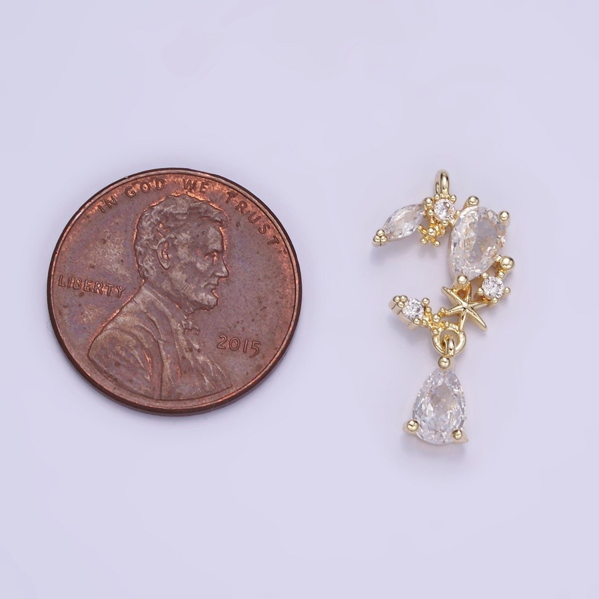 14K Gold Filled CZ Teardrop Celestial Crescent Moon Drop Charm | W529 - DLUXCA