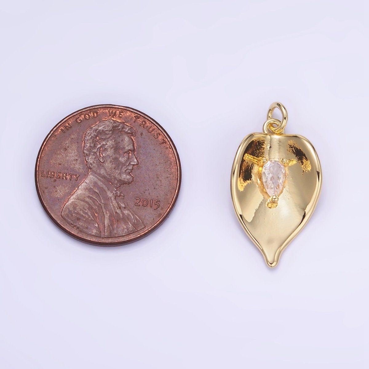 14K Gold Filled CZ Teardrop Curved Leaf Plant Charm | W552 - DLUXCA