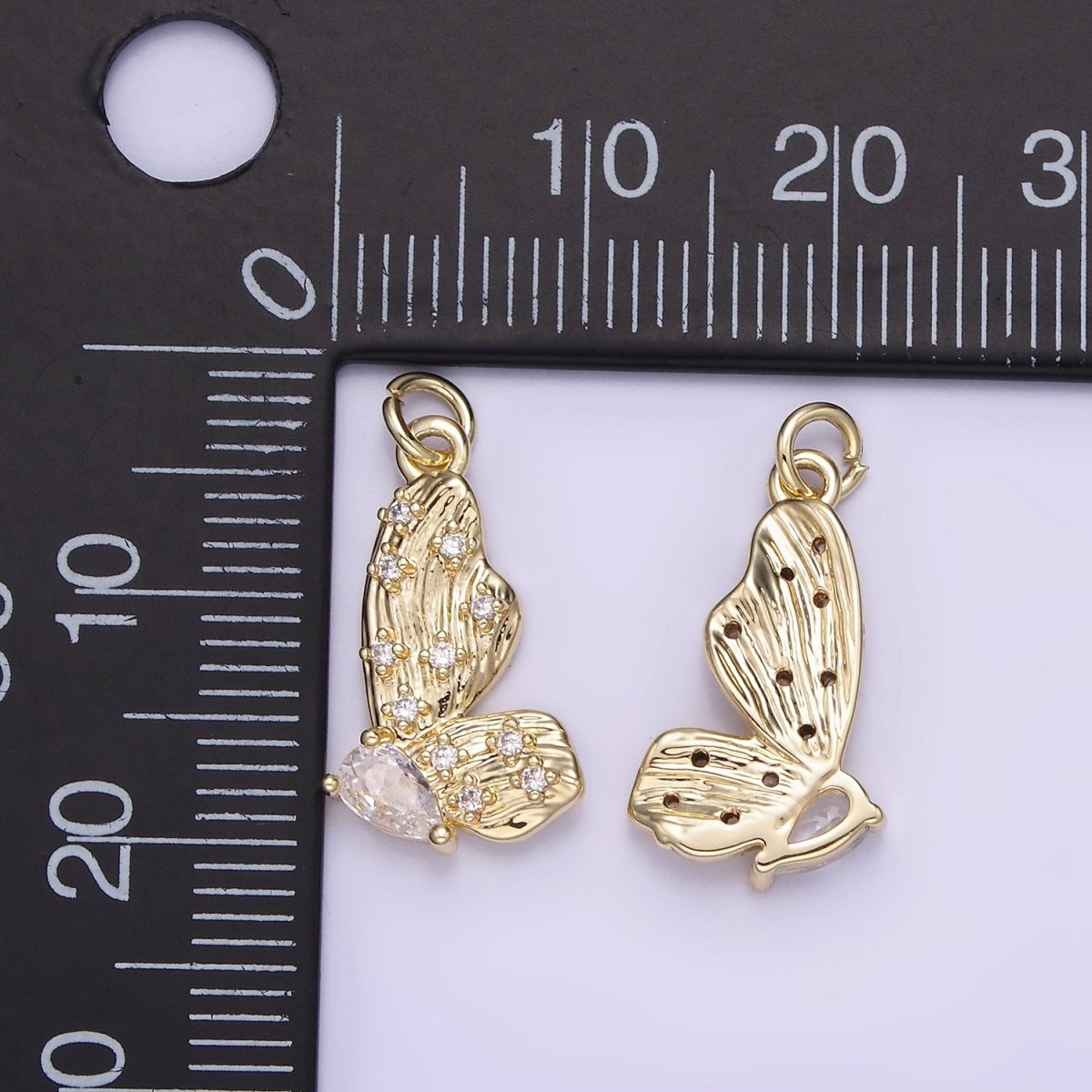 14K Gold Filled CZ Teardrop Dotted Butterfly Wings Lined Charm | AG719 - DLUXCA