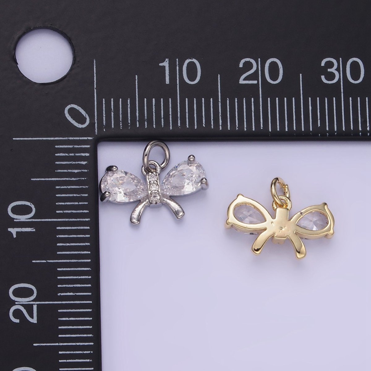 14K Gold Filled CZ Teardrop Micro Paved Ribbon Bow Charm in Gold & Silver | W545