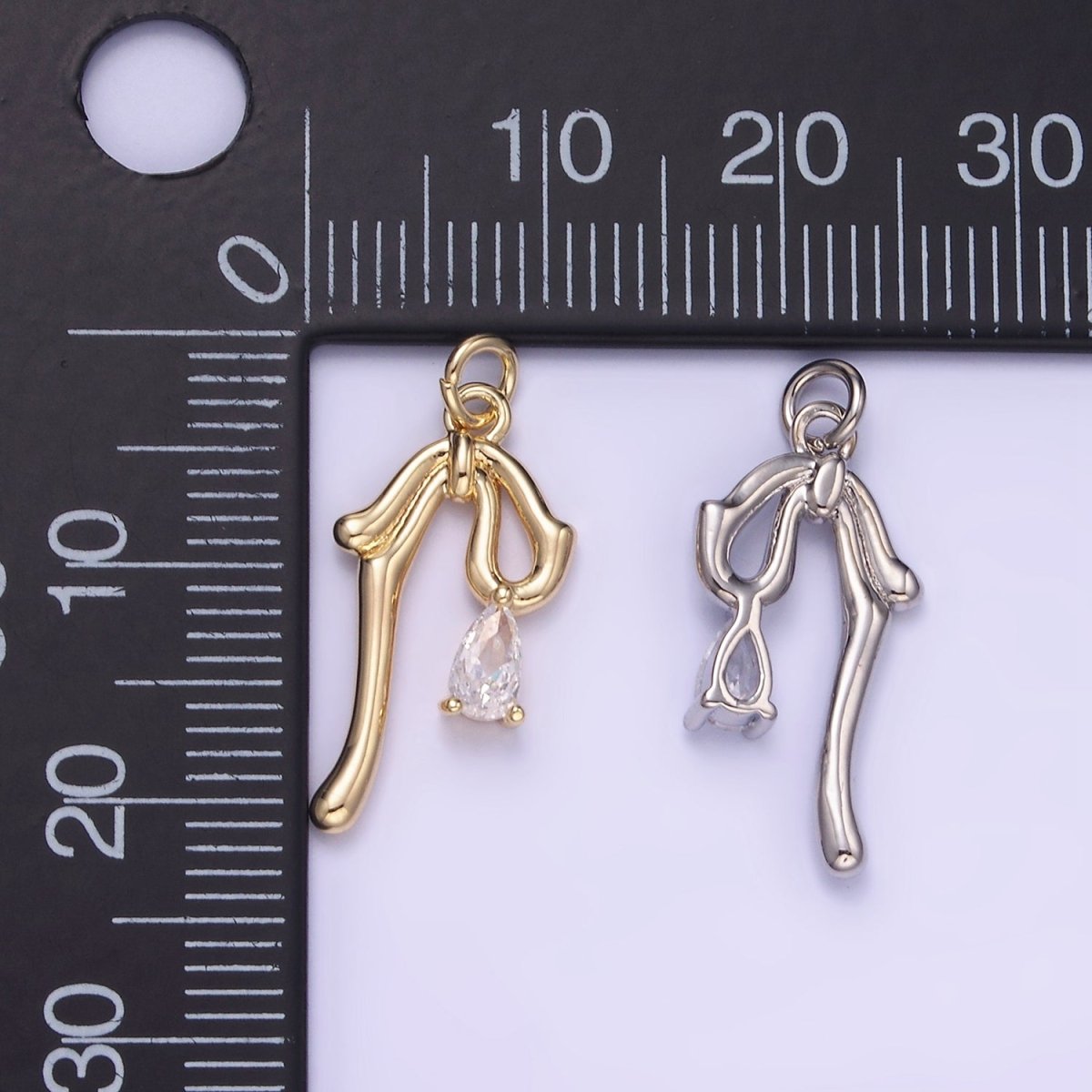 14K Gold Filled CZ Teardrop Molten Drop Ribbon Bow Charm in Gold & Silver | W544