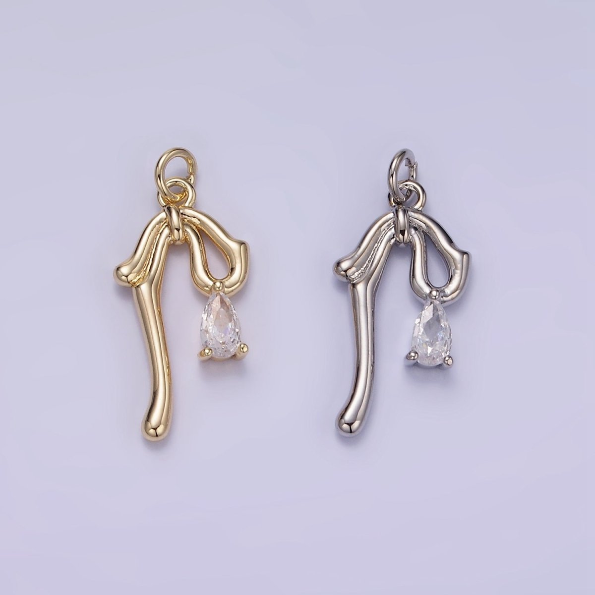 14K Gold Filled CZ Teardrop Molten Drop Ribbon Bow Charm in Gold & Silver | W544