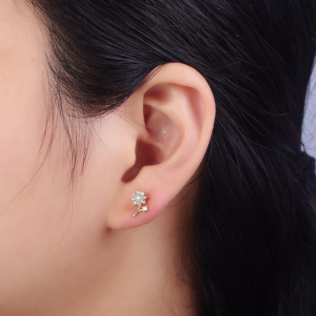 14K Gold Filled Dainty Forget-Me-Not Flower Clear CZ Stud Earring | AB131 - DLUXCA