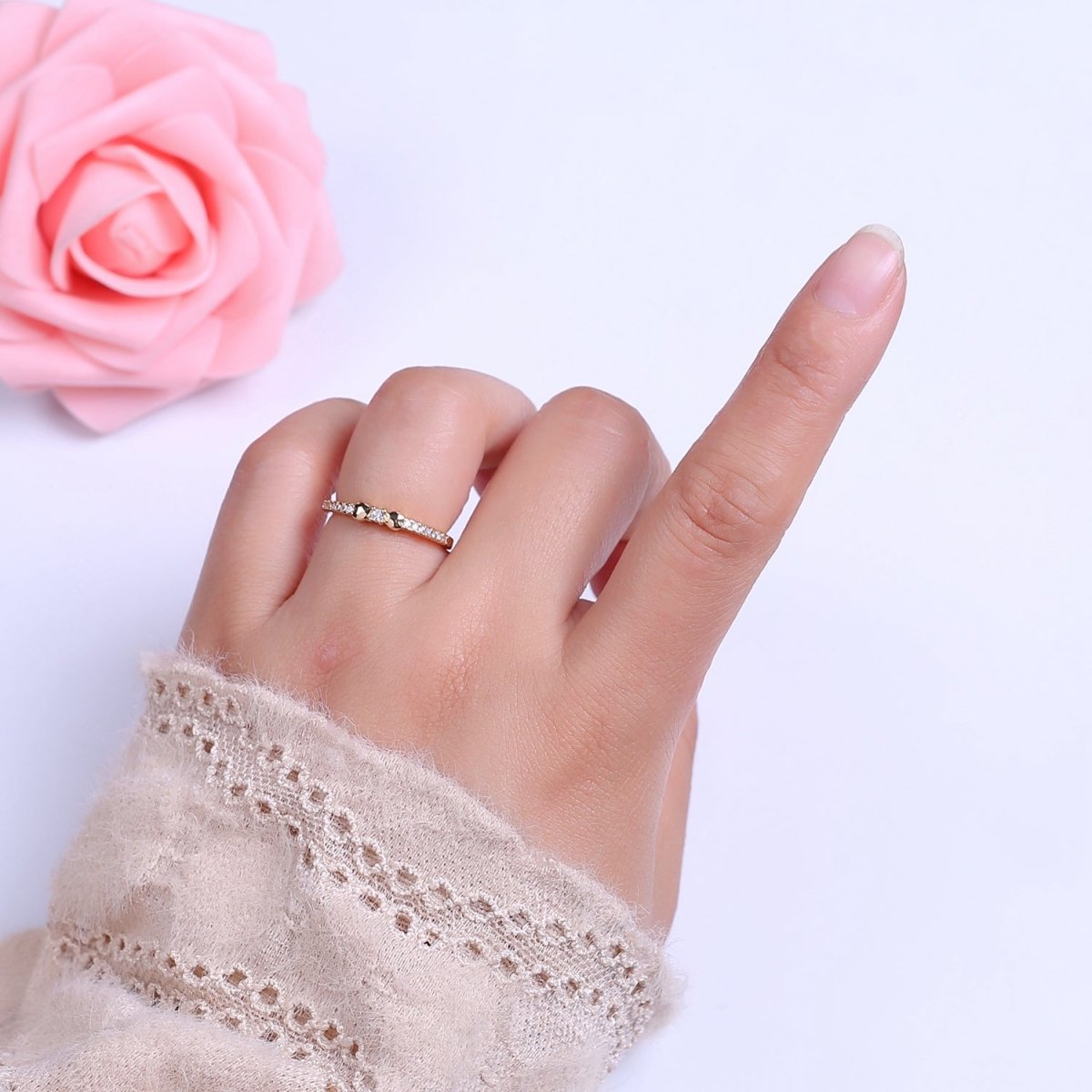14k Gold Filled Delicate Simple Ring, CZ Micro Pave Ring, Everyday Ring, Open Adjustable Ring S-535 - DLUXCA