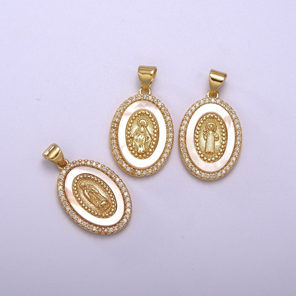14K Gold Filled Delicate Virgin Mary, Miraculous Lady, Saint Benedict Cubic Zirconia Charm Pearl Pendant for Religious Necklace Bracelet Supply N-1385 N-1386 N-1387