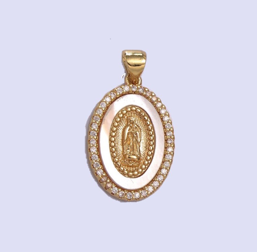 14K Gold Filled Delicate Virgin Mary, Miraculous Lady, Saint Benedict Cubic Zirconia Charm Pearl Pendant for Religious Necklace Bracelet Supply N-1385 N-1386 N-1387
