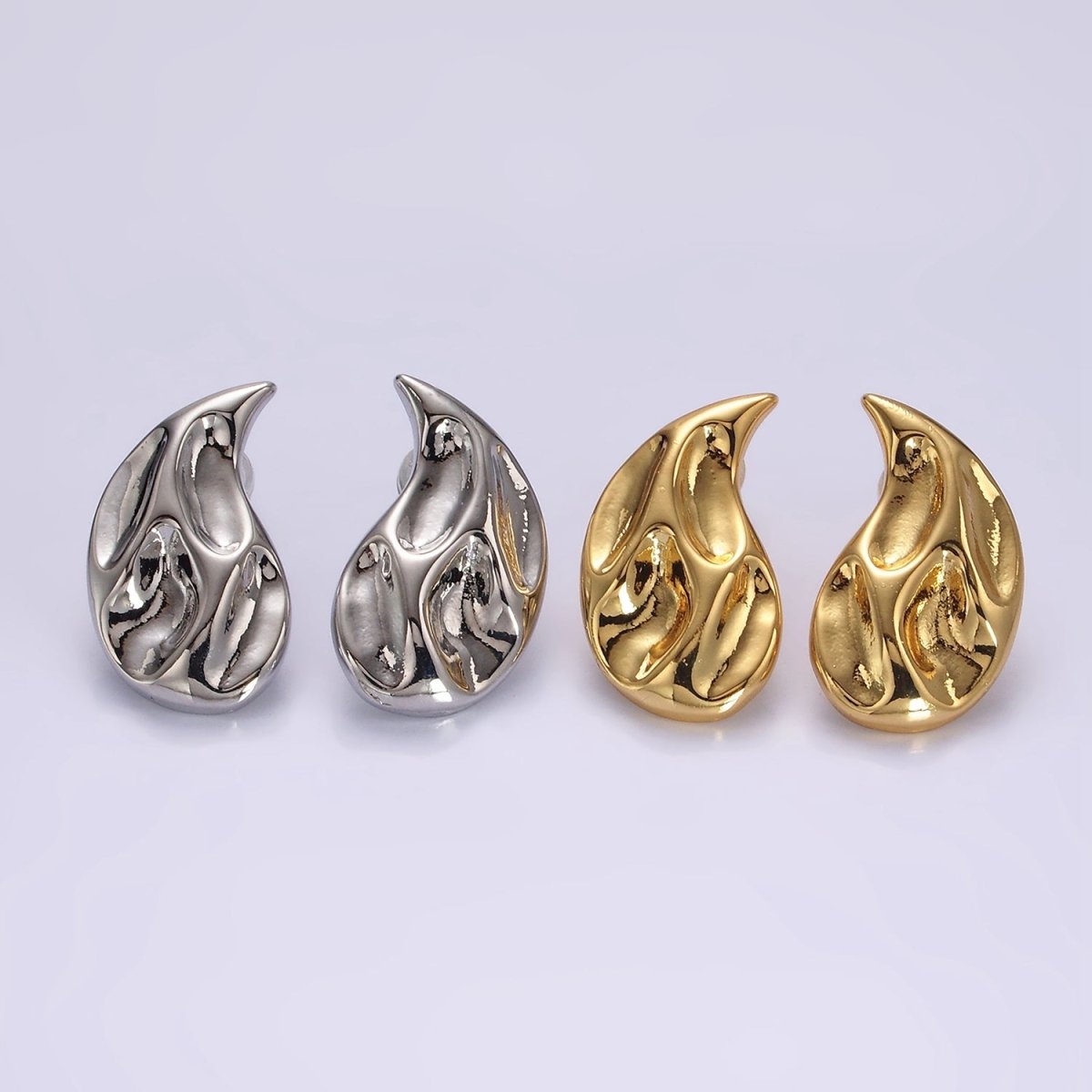 14K Gold Filled Dented Molten Fire Curved Teardrop Set Stud Earrings in Gold & Silver | AE-108 AE-109