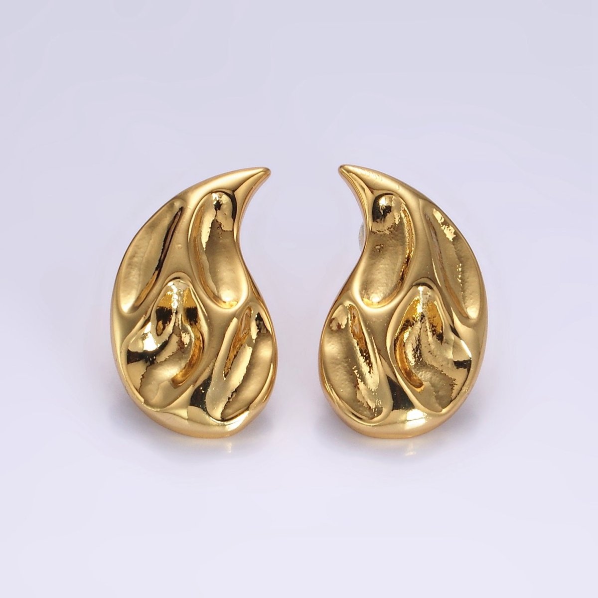 14K Gold Filled Dented Molten Fire Curved Teardrop Set Stud Earrings in Gold & Silver | AE-108 AE-109
