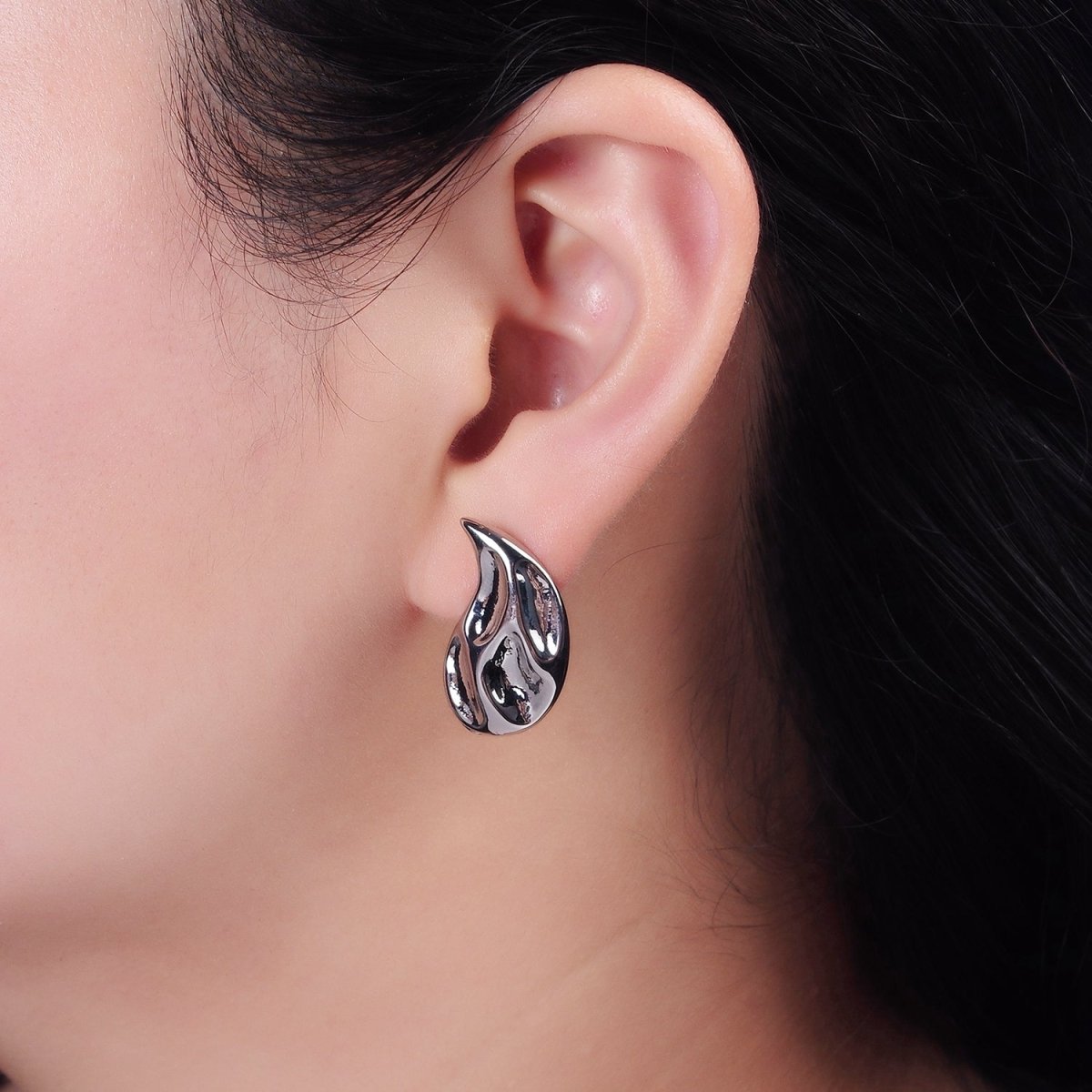 14K Gold Filled Dented Molten Fire Curved Teardrop Set Stud Earrings in Gold & Silver | AE-108 AE-109