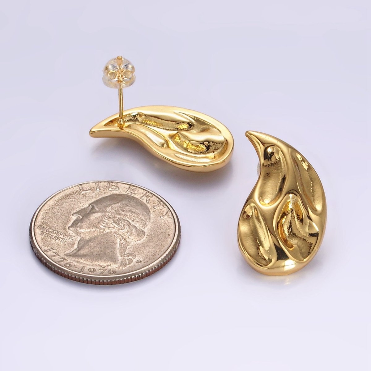 14K Gold Filled Dented Molten Fire Curved Teardrop Set Stud Earrings in Gold & Silver | AE-108 AE-109