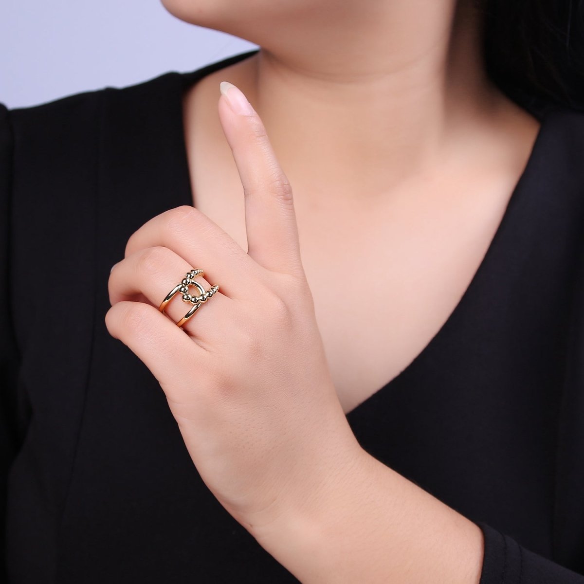 14K Gold Filled Double Band Gold Ring Beaded Silver Ring for Statement Stackable Jewelry U-312