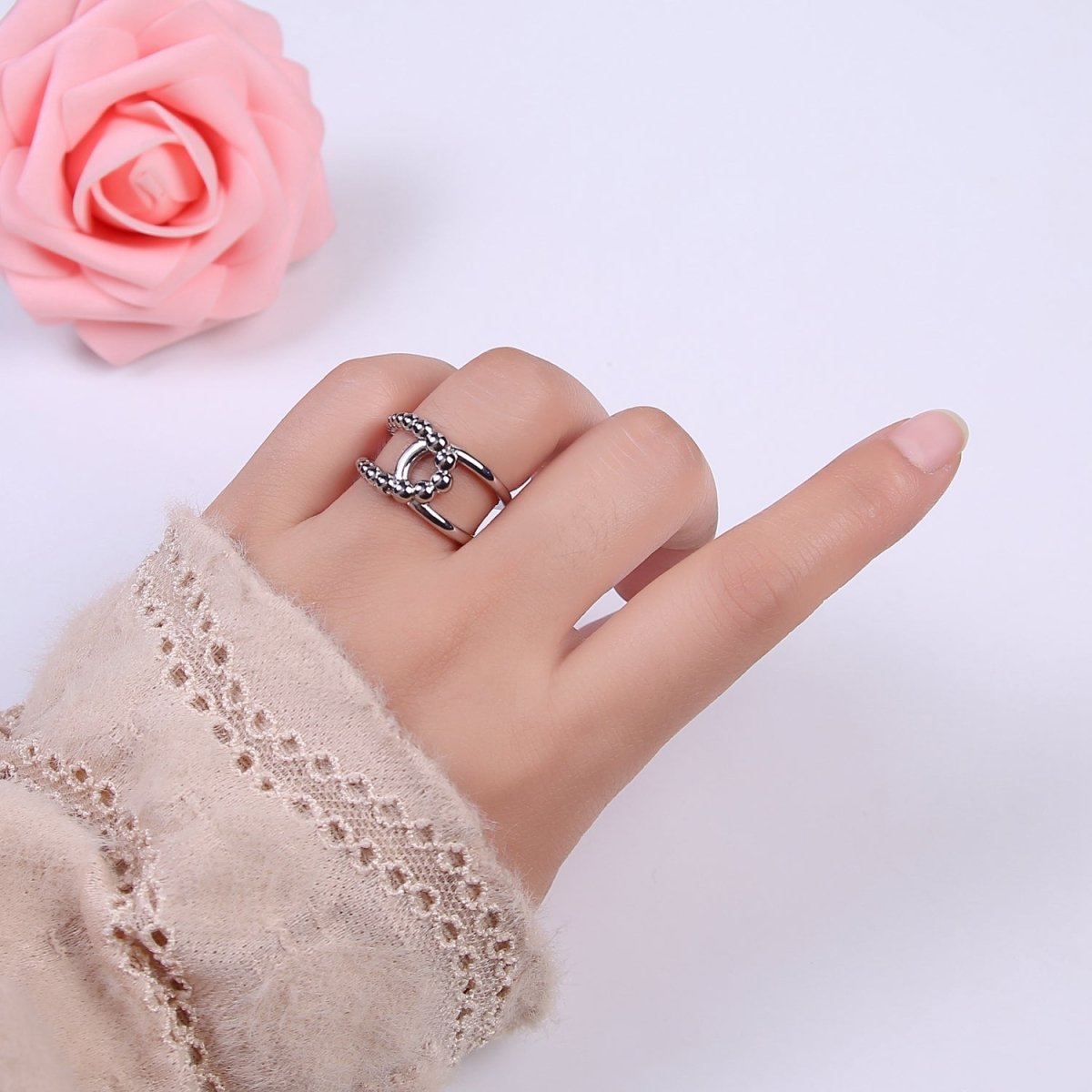 14K Gold Filled Double Band Gold Ring Beaded Silver Ring for Statement Stackable Jewelry U-312