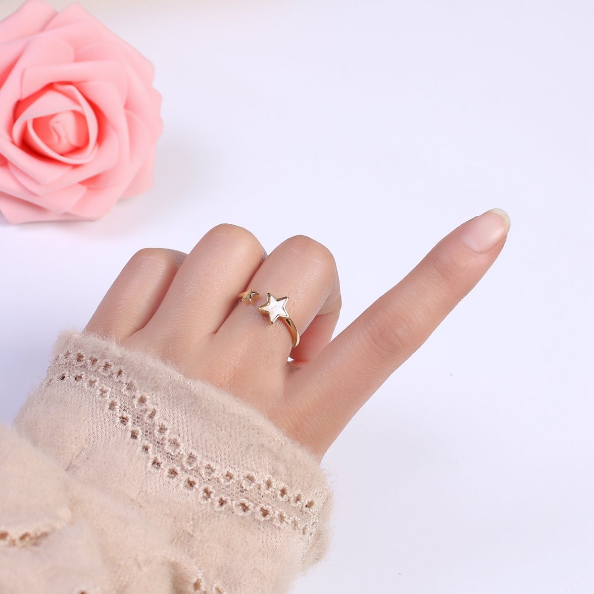 14K Gold Filled Double Celestial Star Shell Pearl Wrap Ring | S439