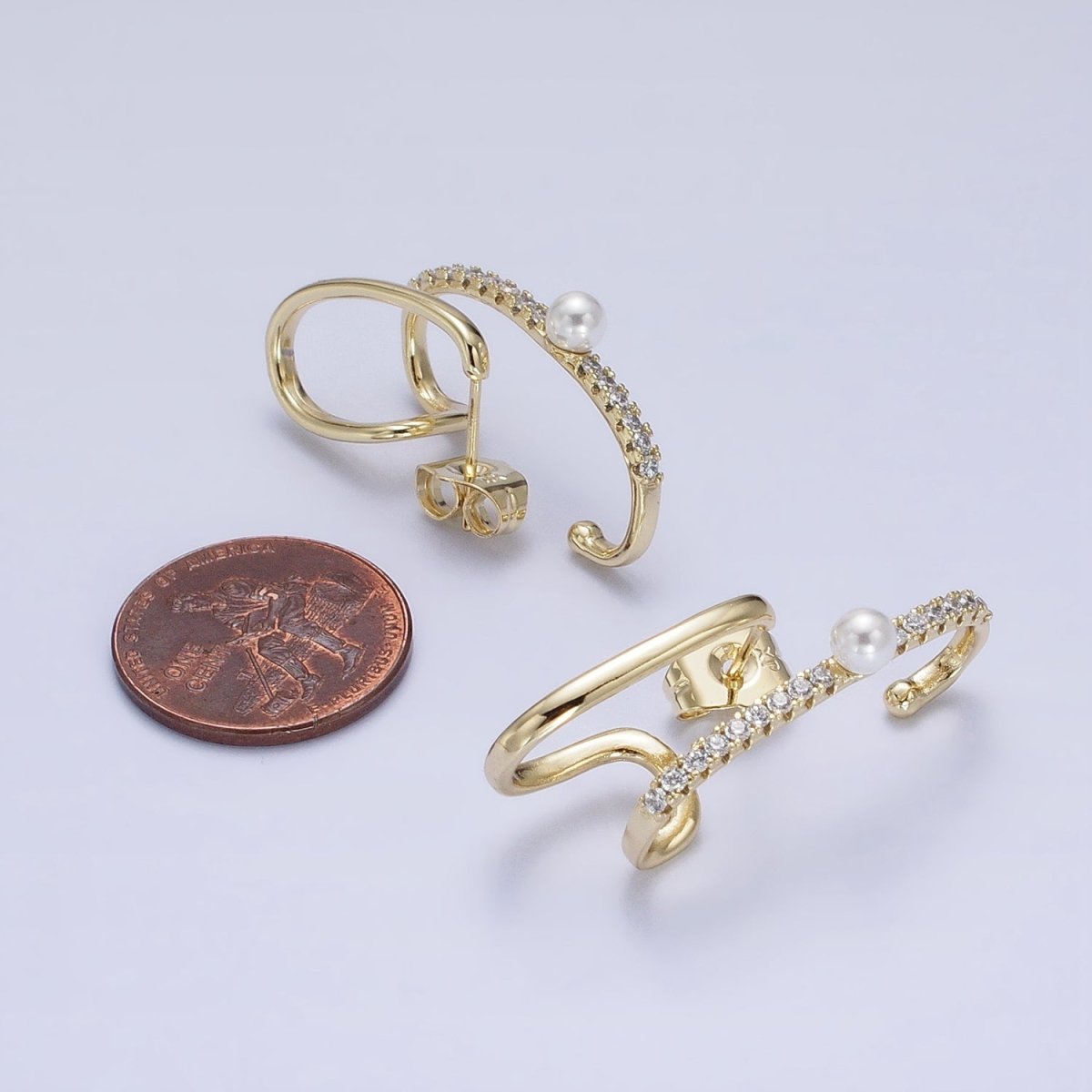 14K Gold Filled Double Claw Bar Micro Paved CZ Pearl Stud Earrings Set | AD1470 - DLUXCA