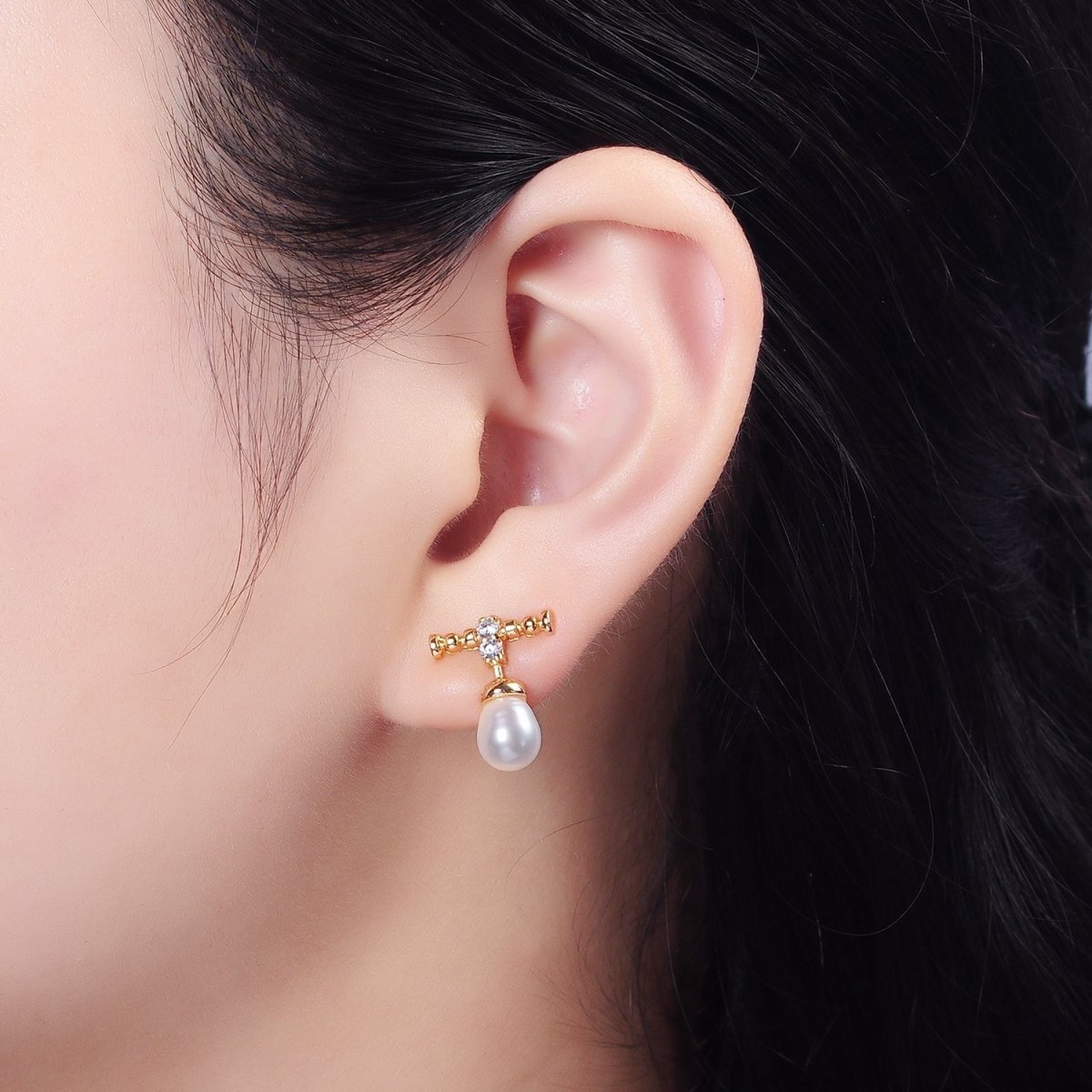 14K Gold Filled Double Clear CZ Bubble Rhondelle Lined Pearl Button Drop Stud Earrings | AE925 - DLUXCA