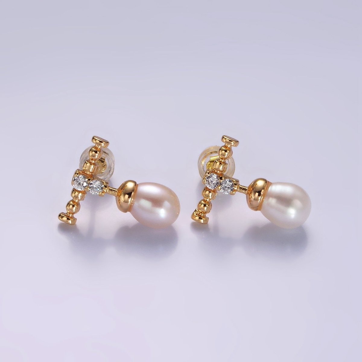 14K Gold Filled Double Clear CZ Bubble Rhondelle Lined Pearl Button Drop Stud Earrings | AE925 - DLUXCA