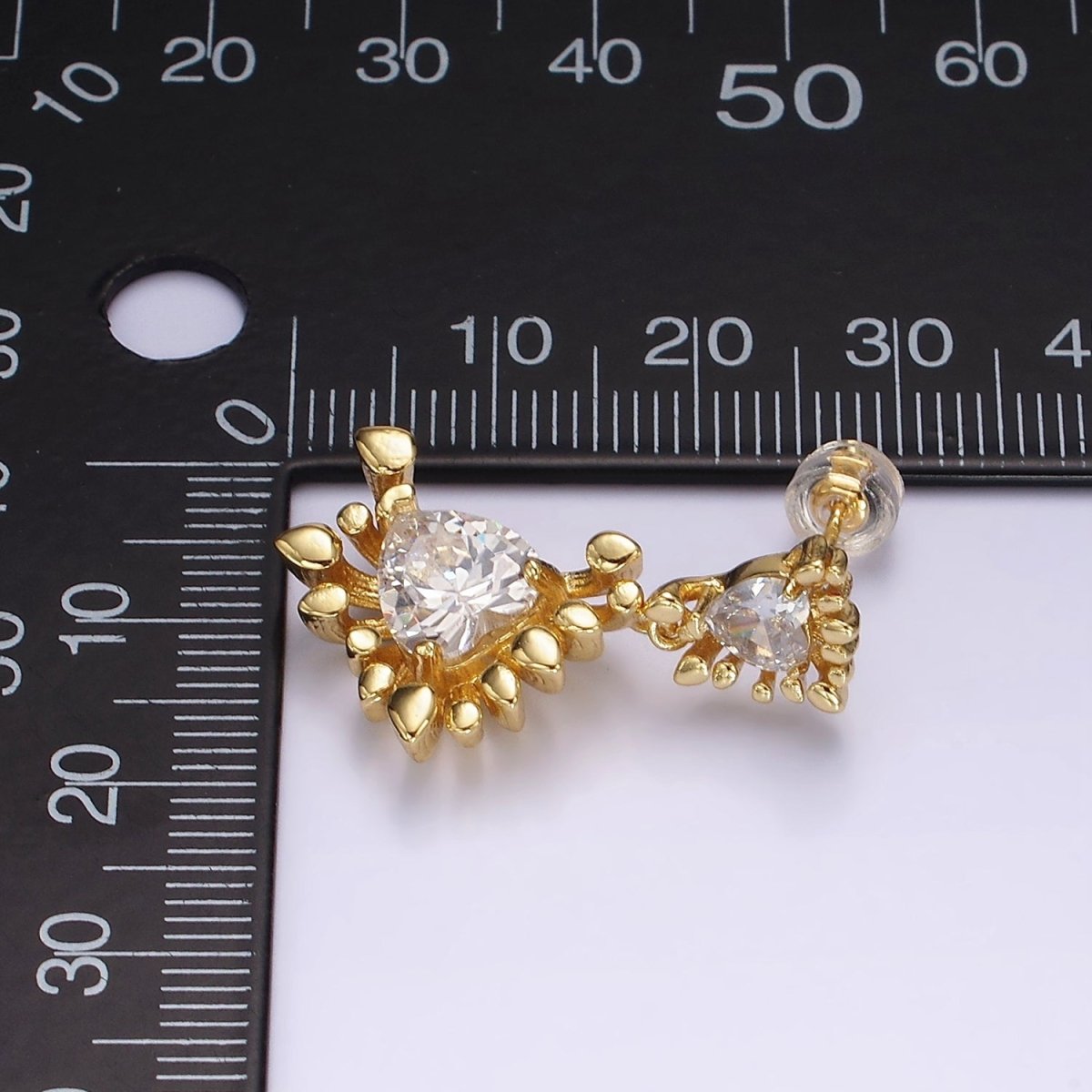 14K Gold Filled Double Clear Heart Dotted Bar Outline Geometric Drop Stud Earrings in Gold & Silver | AE111 AE112