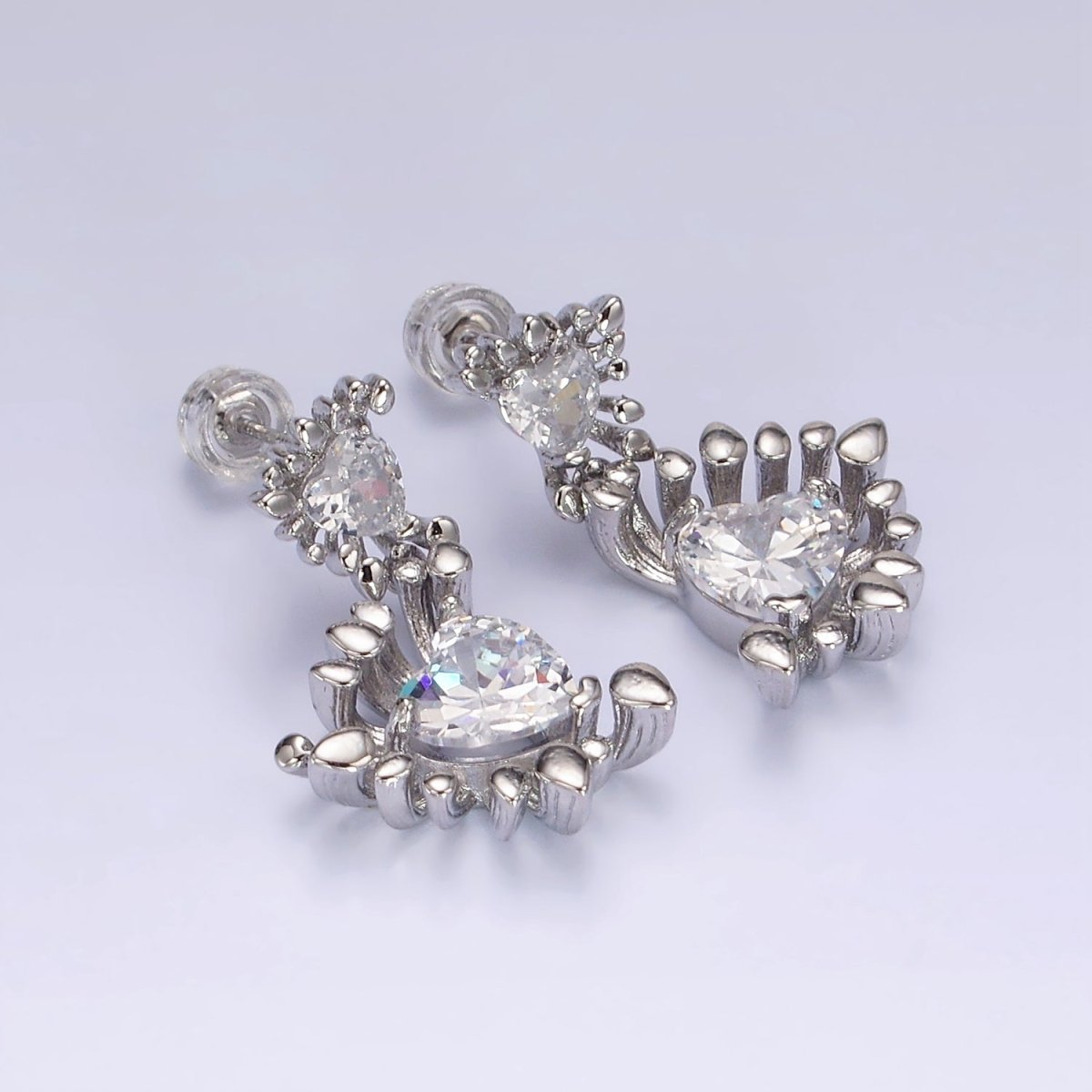 14K Gold Filled Double Clear Heart Dotted Bar Outline Geometric Drop Stud Earrings in Gold & Silver | AE111 AE112