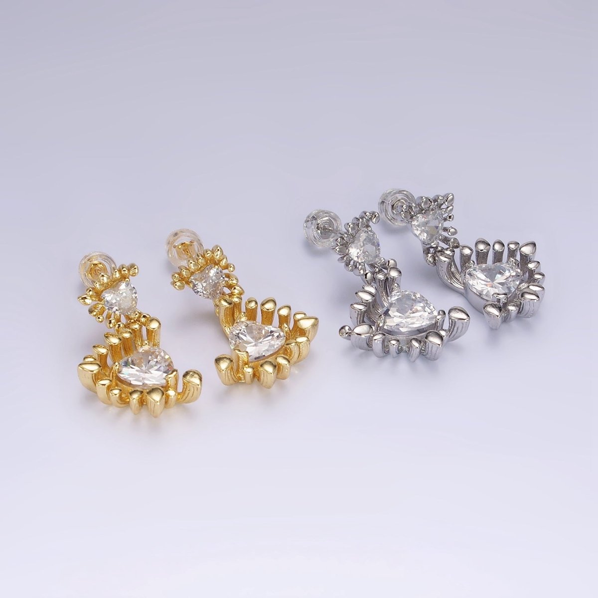 14K Gold Filled Double Clear Heart Dotted Bar Outline Geometric Drop Stud Earrings in Gold & Silver | AE111 AE112