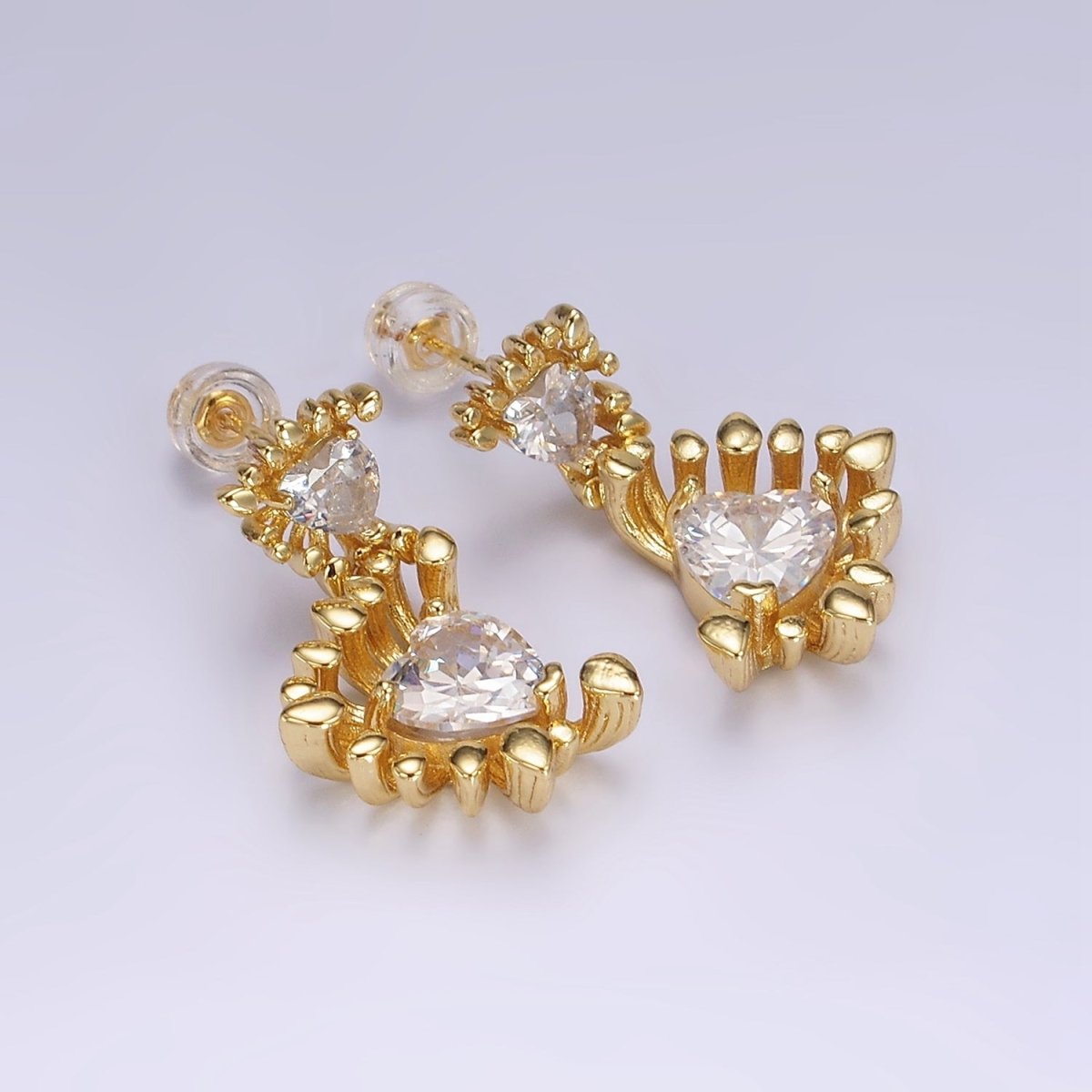 14K Gold Filled Double Clear Heart Dotted Bar Outline Geometric Drop Stud Earrings in Gold & Silver | AE111 AE112