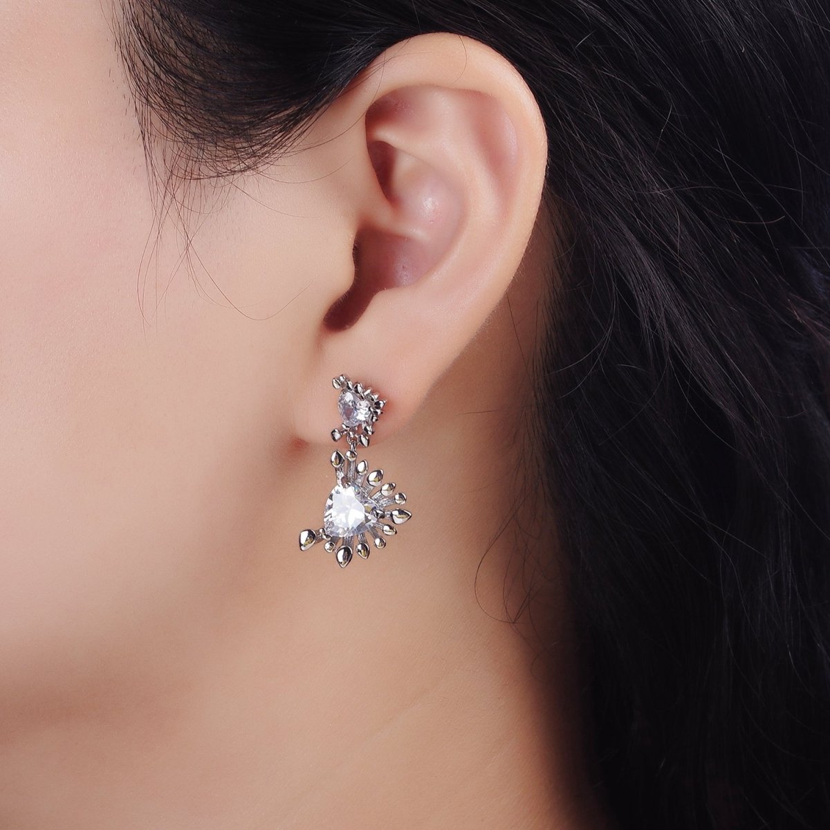 14K Gold Filled Double Clear Heart Dotted Bar Outline Geometric Drop Stud Earrings in Gold & Silver | AE111 AE112