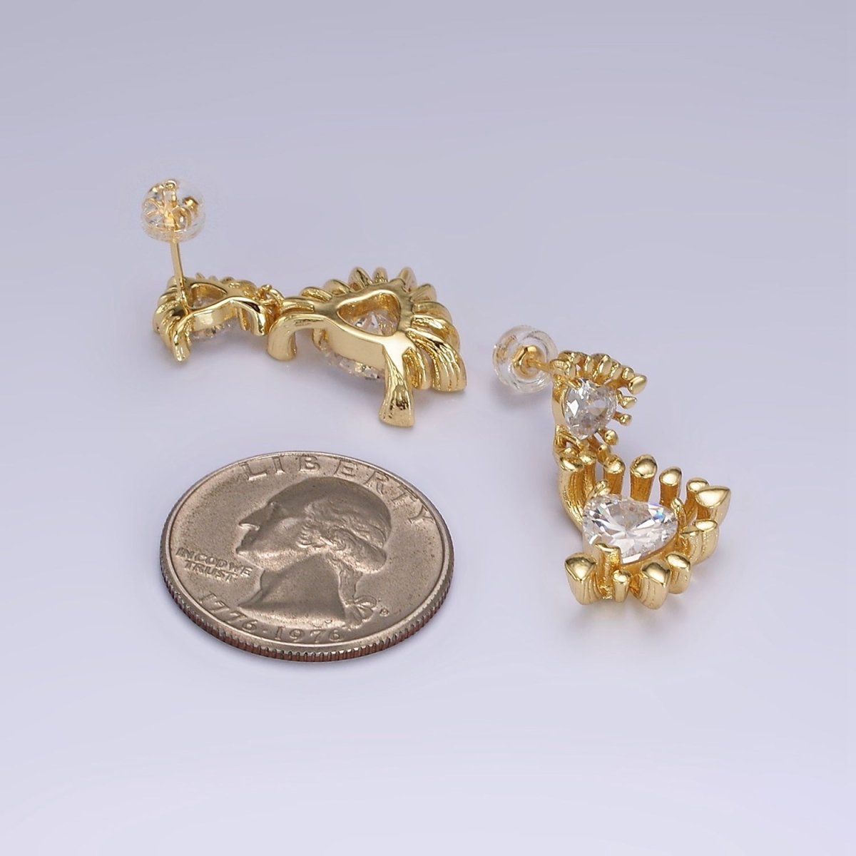 14K Gold Filled Double Clear Heart Dotted Bar Outline Geometric Drop Stud Earrings in Gold & Silver | AE111 AE112