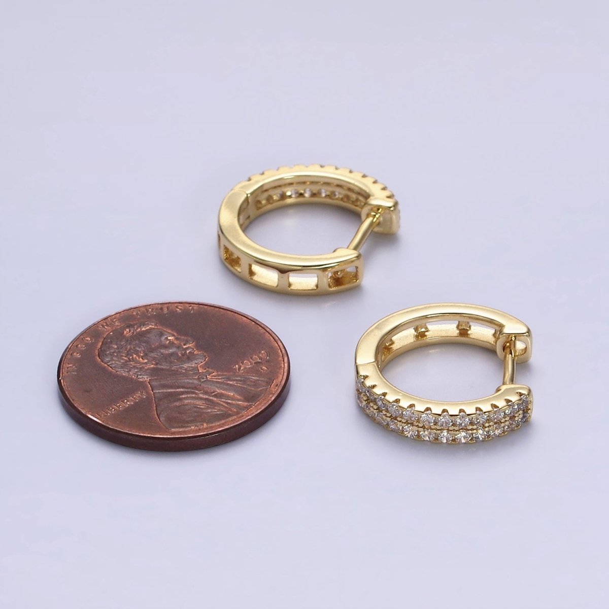 14K Gold Filled Double Clear Micro Paved Open 15mm Huggie Hoop Earrings in Gold & Silver | AE585 AE586