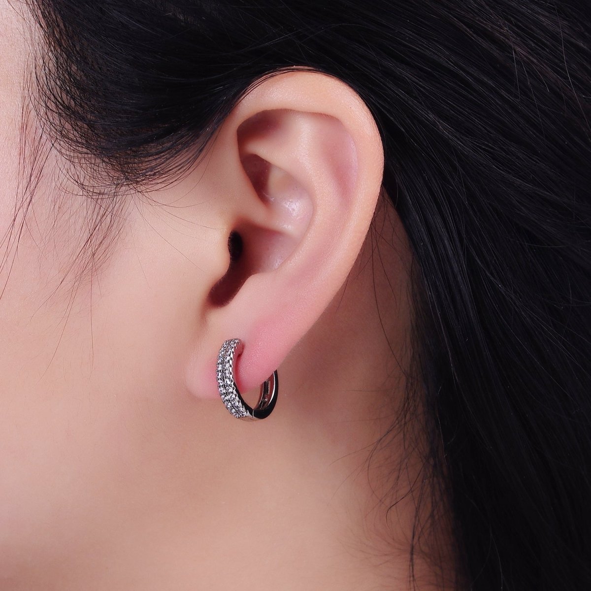 14K Gold Filled Double Clear Micro Paved Open 15mm Huggie Hoop Earrings in Gold & Silver | AE585 AE586