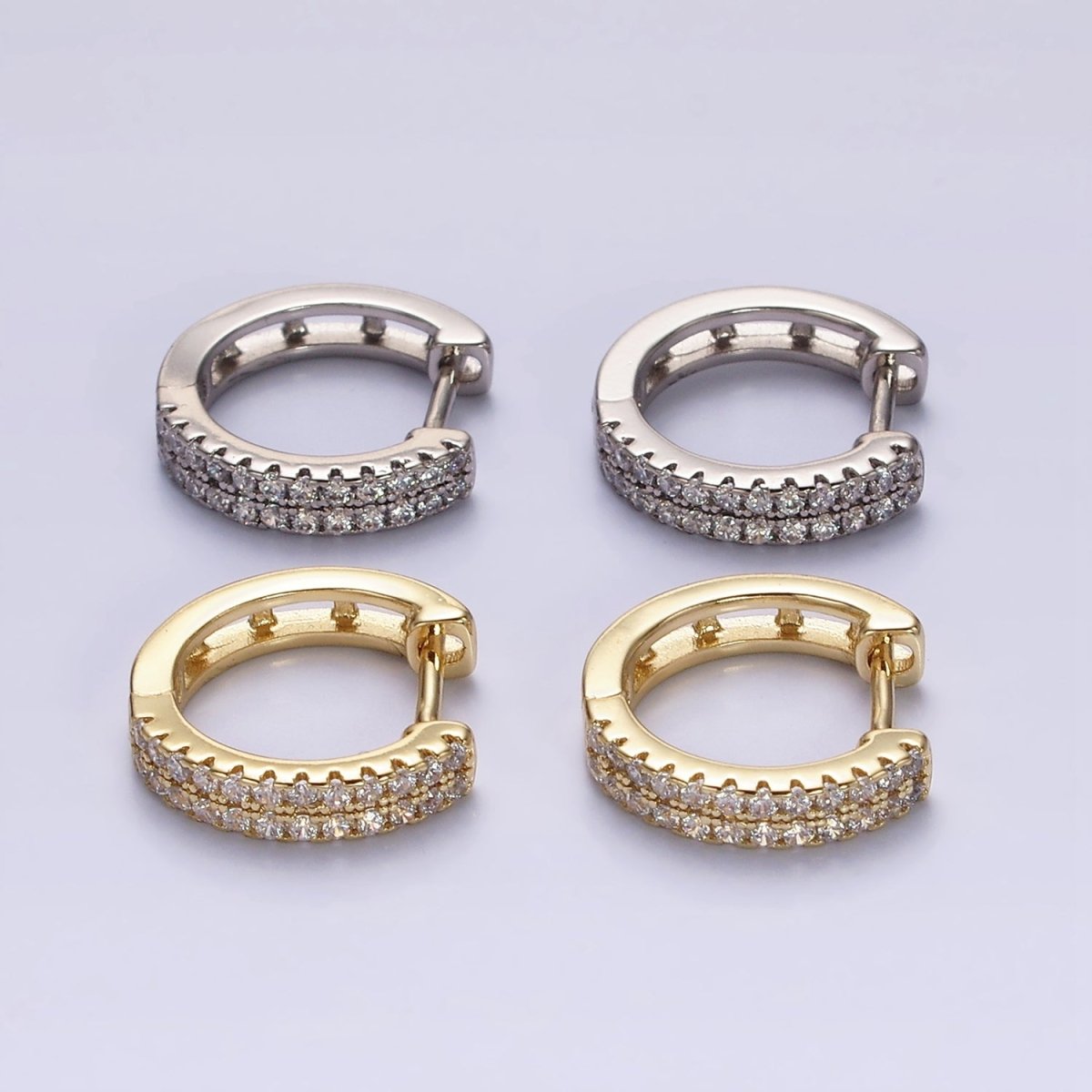 14K Gold Filled Double Clear Micro Paved Open 15mm Huggie Hoop Earrings in Gold & Silver | AE585 AE586