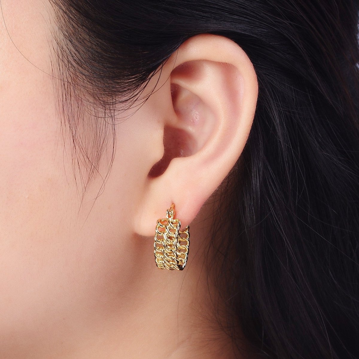 14K Gold Filled Double Curb Chain Link Hoop Statement Earrings | Y-011 - DLUXCA