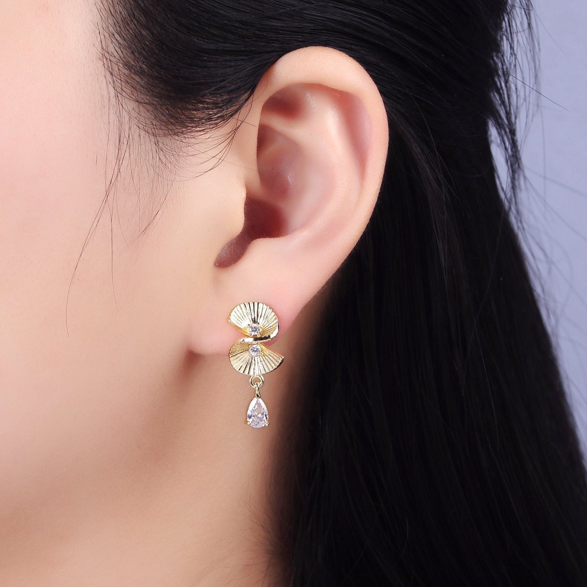 14K Gold Filled Double CZ Sunburst Twirled Teardrop Drop Stud Earrings | AB1275 - DLUXCA