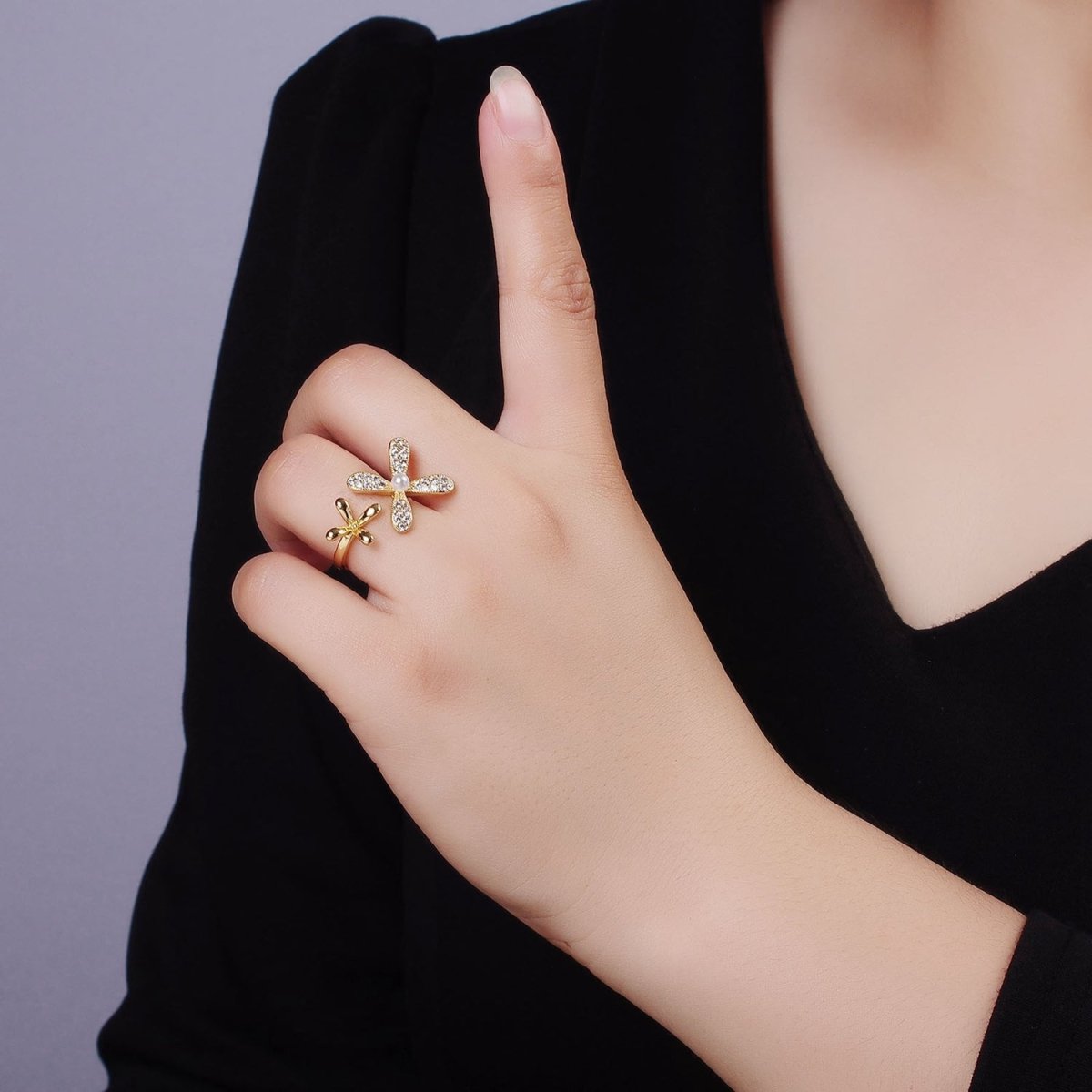 14K Gold Filled Double Flower Pearl Micro Paved Wrap Ring | O115 - DLUXCA
