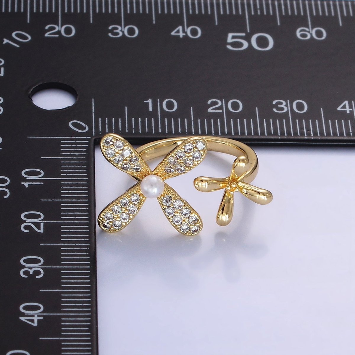 14K Gold Filled Double Flower Pearl Micro Paved Wrap Ring | O115 - DLUXCA