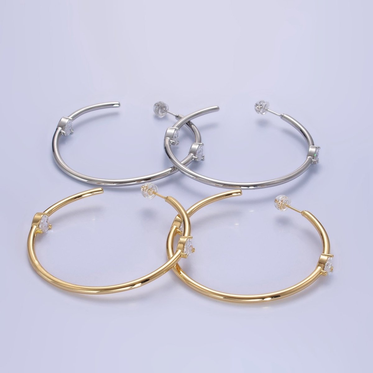 14K Gold Filled Double Heart CZ C-Shaped Hoop Earrings in Gold & Silver | Q069