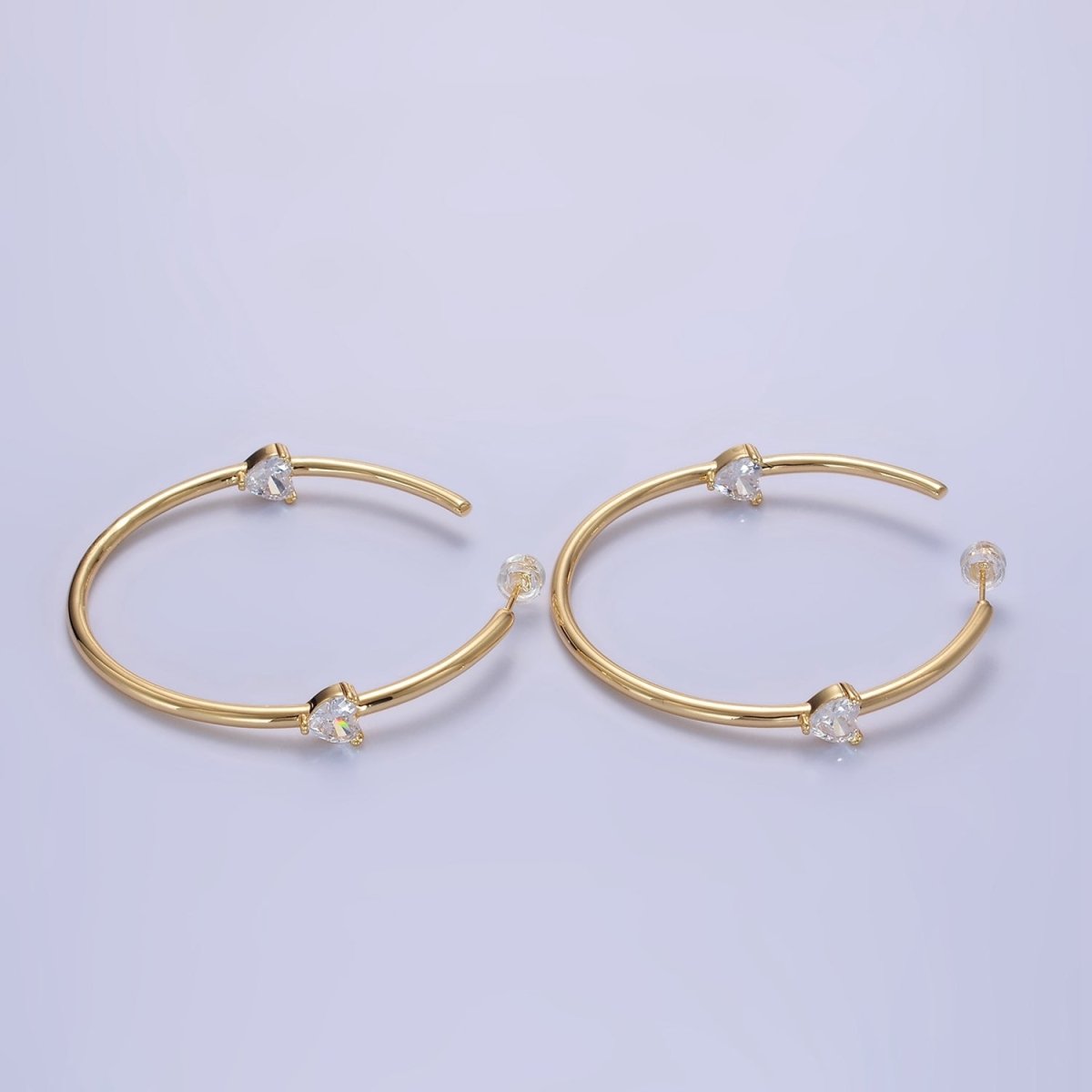 14K Gold Filled Double Heart CZ C-Shaped Hoop Earrings in Gold & Silver | Q069