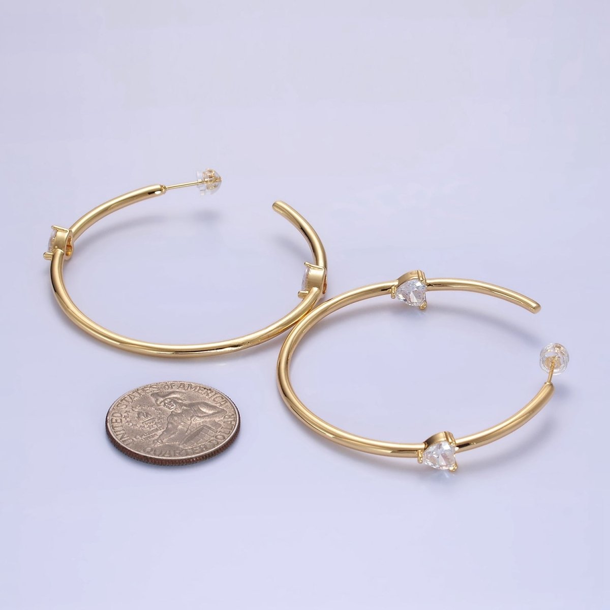 14K Gold Filled Double Heart CZ C-Shaped Hoop Earrings in Gold & Silver | Q069