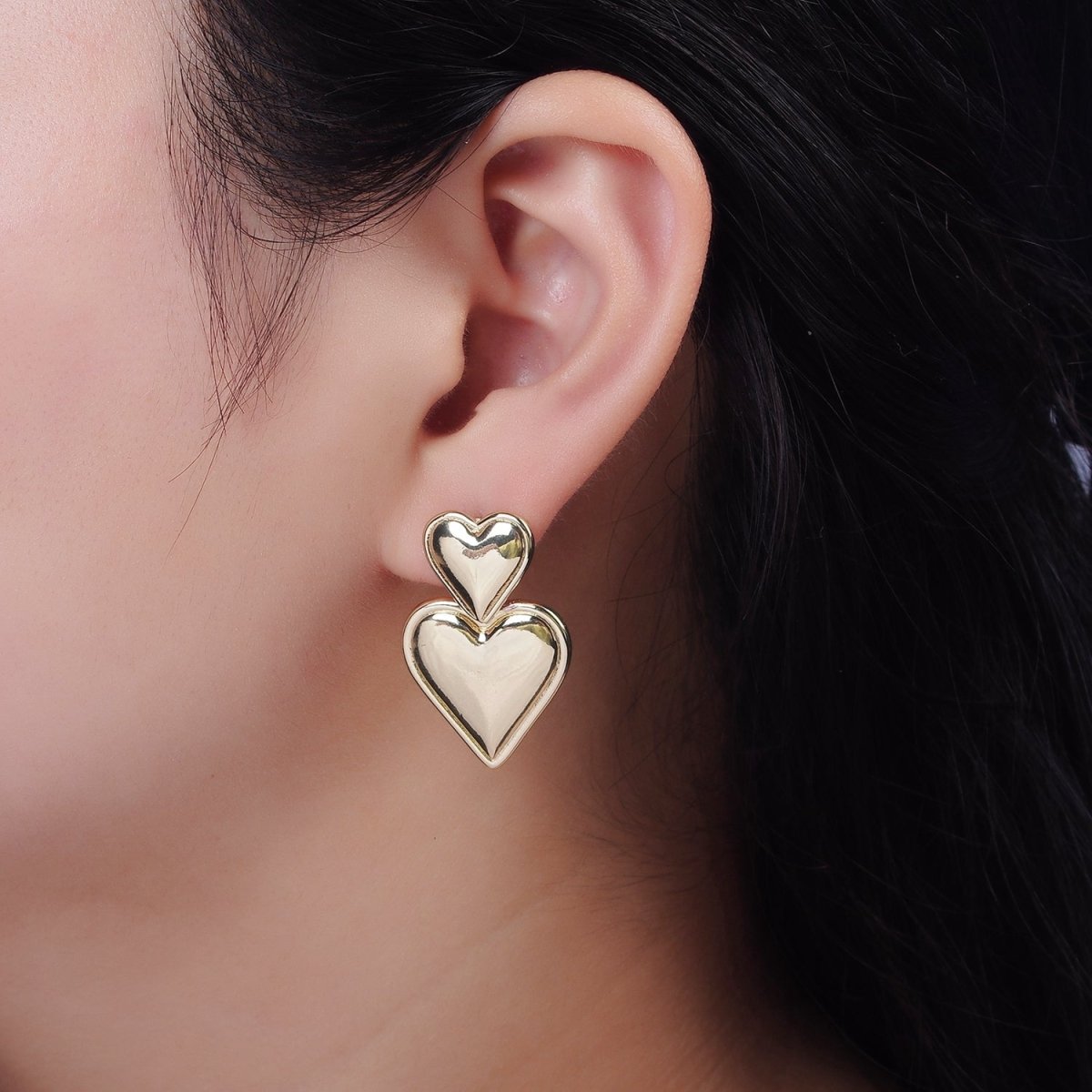 14K Gold Filled Double Heart Minimalist Drop Stud Earrings in Gold & Silver | AE344