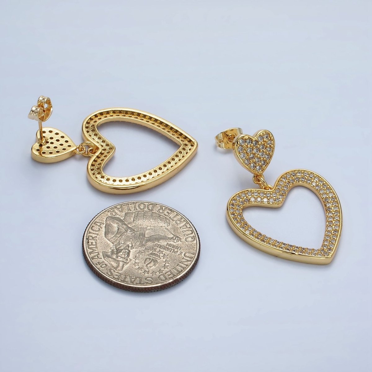 14K Gold Filled Double Heart Open Micro Paved CZ Drop Stud Earrings | AE422 - DLUXCA
