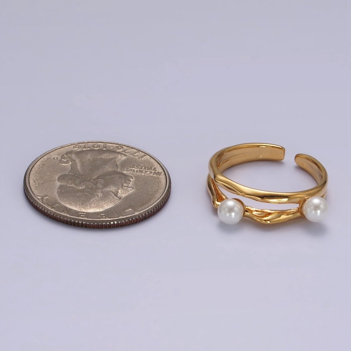 14K Gold Filled Double Pearl Hammered Double Band Ring in Silver & Gold | O1180