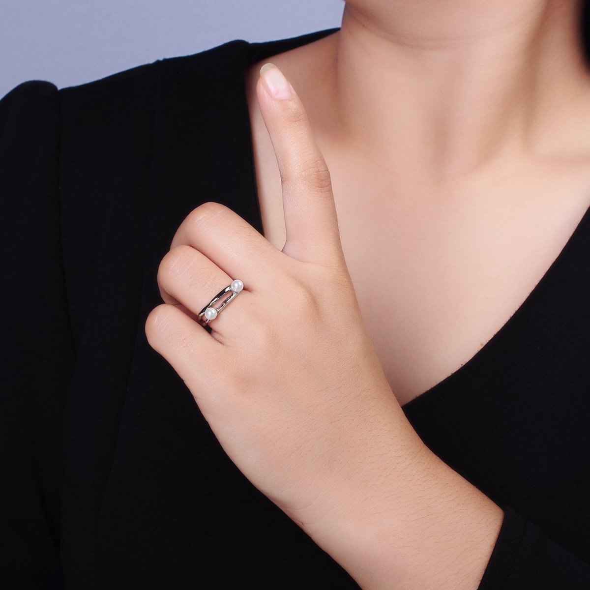 14K Gold Filled Double Pearl Hammered Double Band Ring in Silver & Gold | O1180