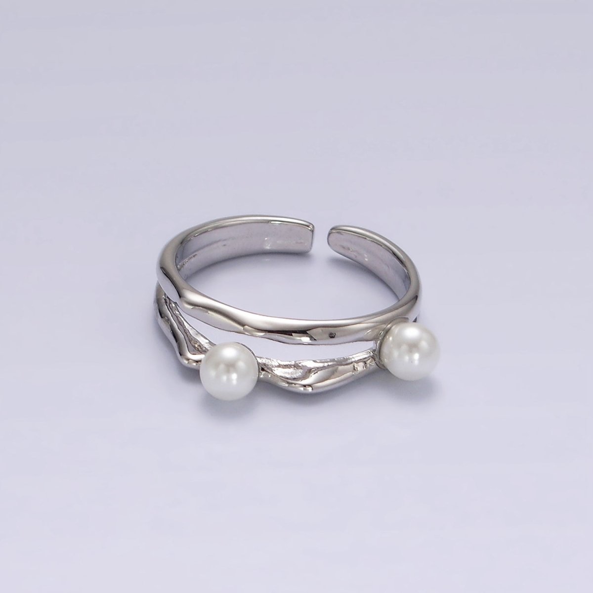 14K Gold Filled Double Pearl Hammered Double Band Ring in Silver & Gold | O1180