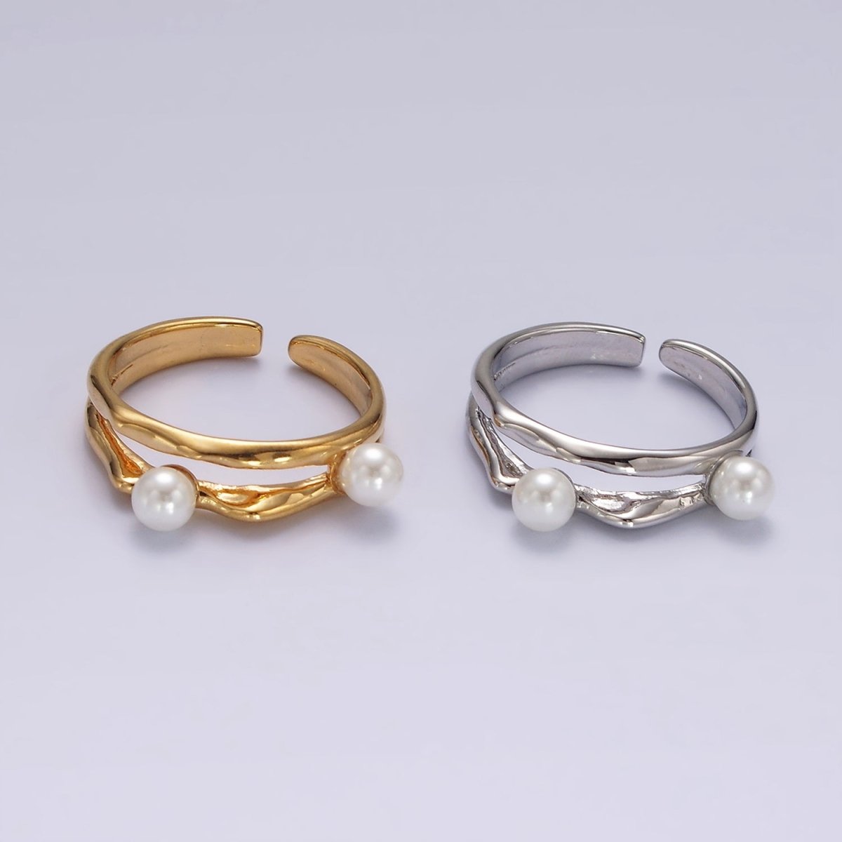 14K Gold Filled Double Pearl Hammered Double Band Ring in Silver & Gold | O1180